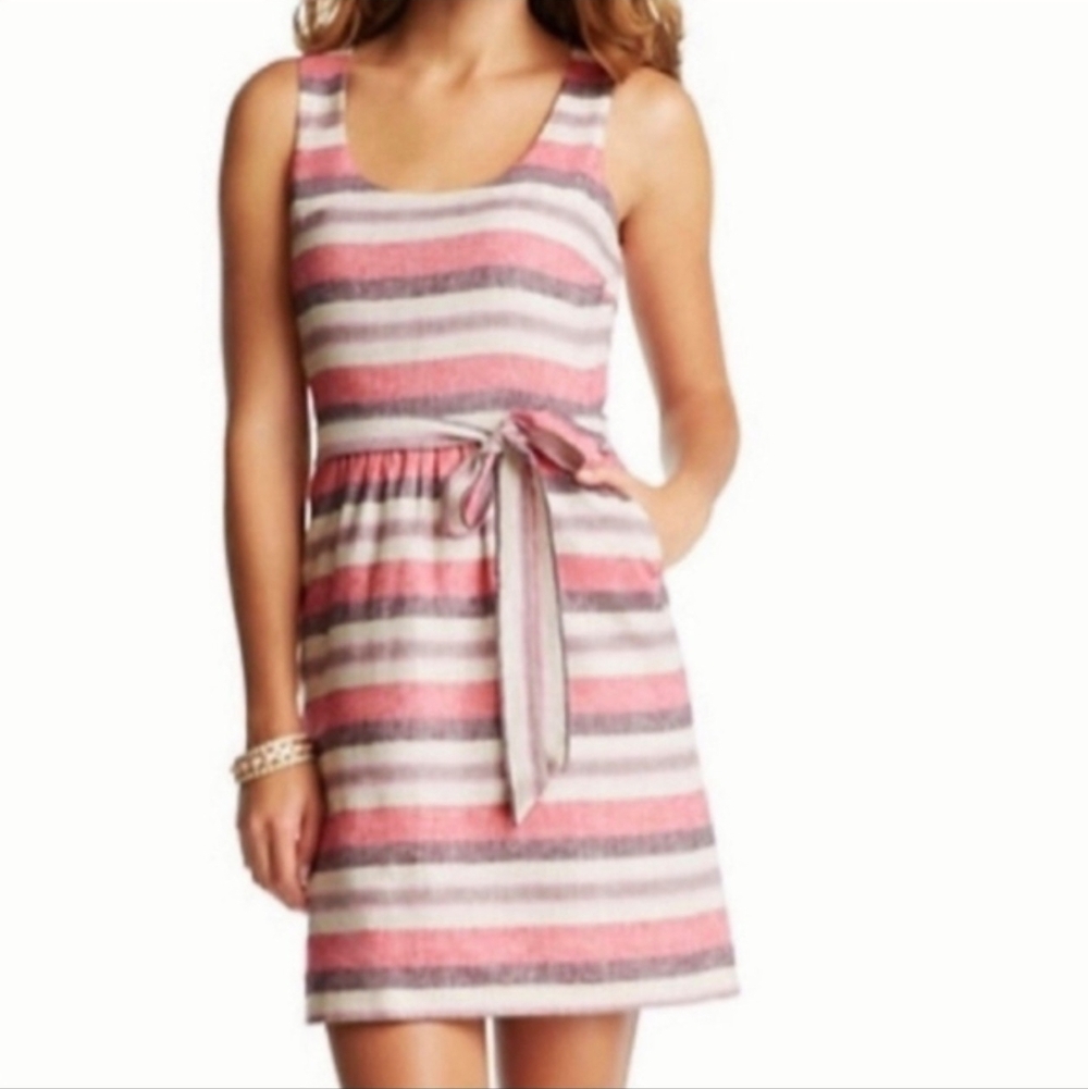 Ann Taylor LOFT Linen Sundress Striped Sleeveless Cutout Back Red Cream size 2